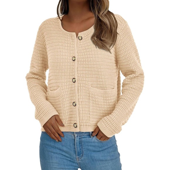 Women's Knit Cardigan Sweater – Chunky Button Down Open‎ Front Jacket Beige XL - Picture 7 of 8